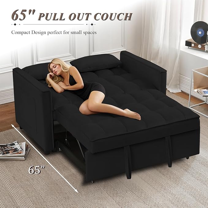 3 in 1 Convertible Sleeper Sofa Bed Futon Couches for Living Room with Side Pocket/Adjustable Backrest Velvet Upholstered Pull Out Couch Small Loveseat Sofa Bed for Bedroom Office Small Spaces