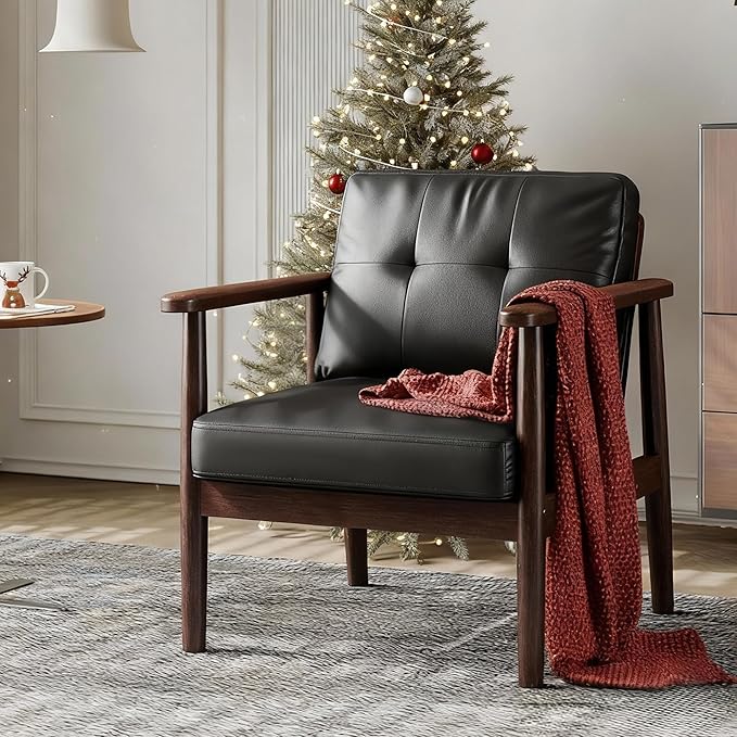 STHOUYN Mid Century Modern Chair PU Leather Accent Chair with Wood Arms Living Room Chairs Reading Armchair for Bedroom Waiting Room Office