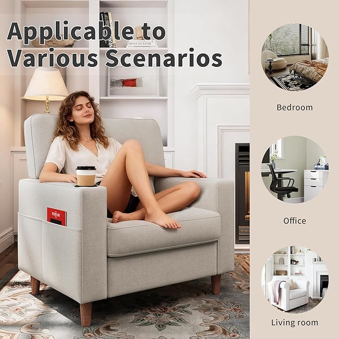 Actinidia Oversized Accent Chair with Cup HoldersMid Century Modern Upholstered Living Room ChairHigh Back Single Sofa ChairReading Armchair for Bedroom Apartment Waiting Room OfficeBeige