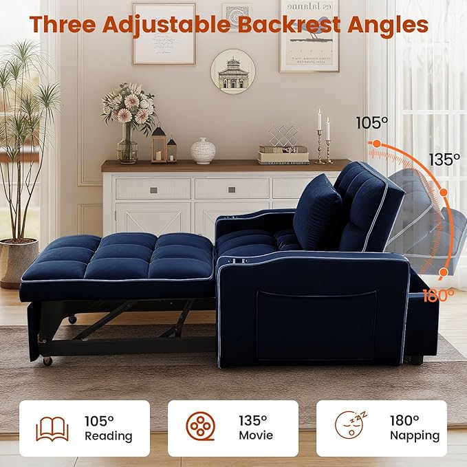 Sleeper Chair Convertible Pull Out Chair Sleeper with Bracket and Cup Holder Chairs Bed Sleepers for Adults 3 in 1 Sofa Bed Chairs for Small Spaces Living Room Blue
