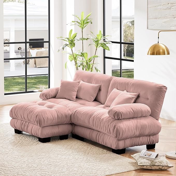 Cloud Sectional Couch 94.4 Chenille L-Shaped Deep 2 Seater Modular Sofa for Living Room Upholstered Wide Arm Sofa with Convertible OttomanPink