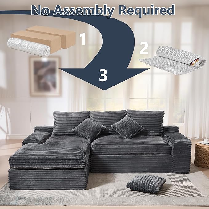 KIVENJAJA 98.8'' Small L-Shaped Sectional Couch with Chaise Fluffy Corduroy Cloud Couches Compression Boneless Sofa for Home Living Room Apartment Office No Assembly Required Grey