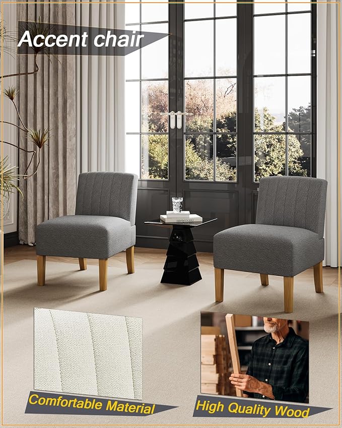 Armless Accent Chairs Set of 2 for Living Room Modern Slipper Chair Living Room Chairs with Solid Wood Legs Makeup Vanity Chair Fabric Comfy Upholstered Arm Chair Accent ChairGrey