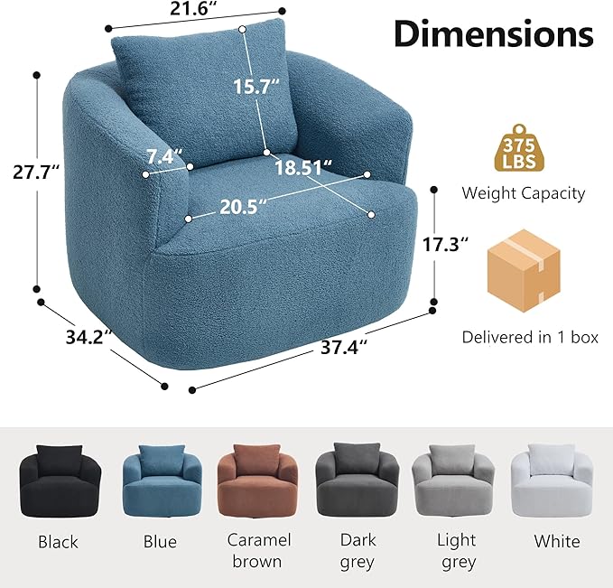 360° Rotating Round Plush Chair with Removable Pillow - High-Resilience Foam &amp Spring Support No-Assembly Teddy Velvet Armless Sofa for Living Room/Bedroom (Blue)