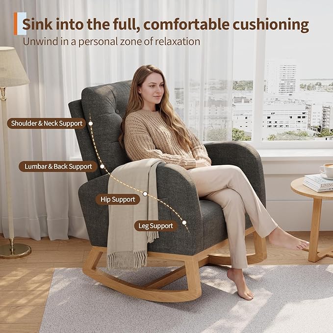 GarveeHome Nursery Rocking Chair Linen Fabric Upholstery Sturdy Wooden Legs &amp High Backrest Comfortable Glider Rocking Chair for Living Room or Bedroom Dark Grey