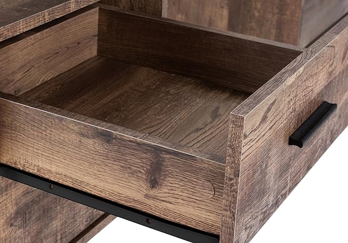 BOWERY HILL Computer Desk 60 in Wide Metal Legs Brown Reclaimed Wood-Look Finish Storage Drawers Thick-Panel Floating Top Reversible Configuration Modern Style Home Office Writing Desk