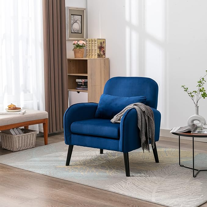 Mid Century Modern Accent ChairSingle Sofa Chair with Solid Wood Legs Comfy Fabric Upholstered Reading Armchair with A Soft Cushionfor Living Room BedroomApartmentOffice (Navy)