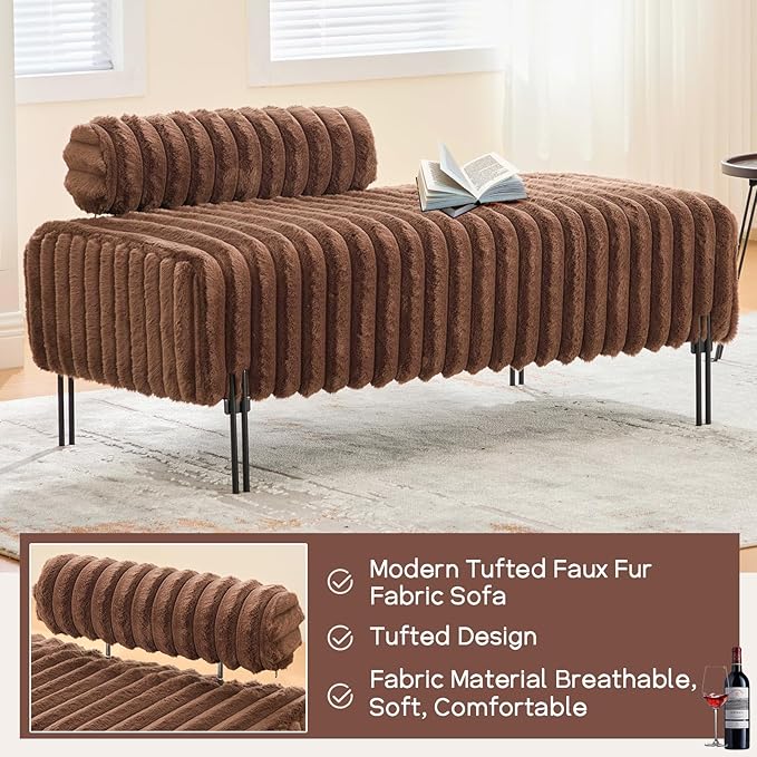 NIOIIKIT 49.6 Modern Loveseat Sofa Couch Upholstered Accent Sofa with Golden Legs and Adjustable Backrest Small Faux Fur Couches for Bedroom Living Room Compact Small Space (Brown)