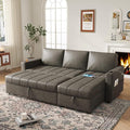 89 inch L-Shaped Sectional Sofa Sleeper with Storage Space &amp Side Pocket Anti-Scratch Faux Leather Couch Bed with USB Port &amp Cup Holder Modern Piano Design Pull Out Bed for Living Room