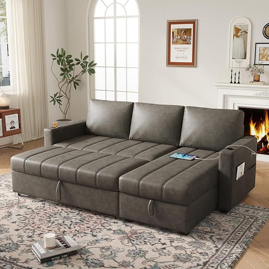 89 inch L-Shaped Sectional Sofa Sleeper with Storage Space &amp Side Pocket Anti-Scratch Faux Leather Couch Bed with USB Port &amp Cup Holder Modern Piano Design Pull Out Bed for Living Room