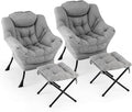 Giantex Set of 2 Lazy Chair with Folding Ottoman Modern Sherpa Accent Chair w/Armrests &amp Pocket Upholstered Single Sofa Chair Set Leisure Reading Lounge Chair for Living Room Bedroom (Grey)