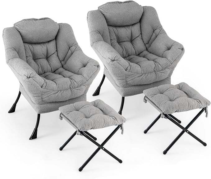 Giantex Set of 2 Lazy Chair with Folding Ottoman Modern Sherpa Accent Chair w/Armrests &amp Pocket Upholstered Single Sofa Chair Set Leisure Reading Lounge Chair for Living Room Bedroom (Grey)