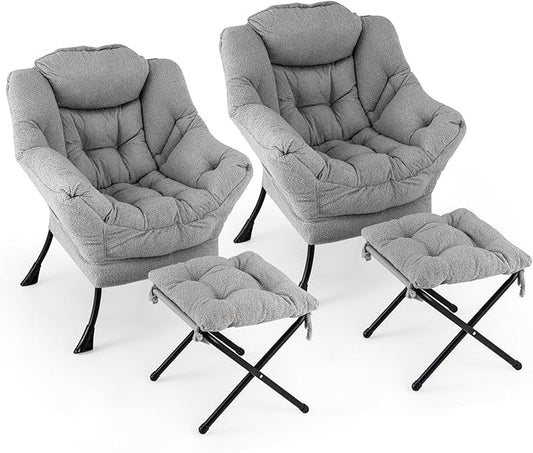 Giantex Set of 2 Lazy Chair with Folding Ottoman Modern Sherpa Accent Chair w/Armrests &amp Pocket Upholstered Single Sofa Chair Set Leisure Reading Lounge Chair for Living Room Bedroom (Grey)