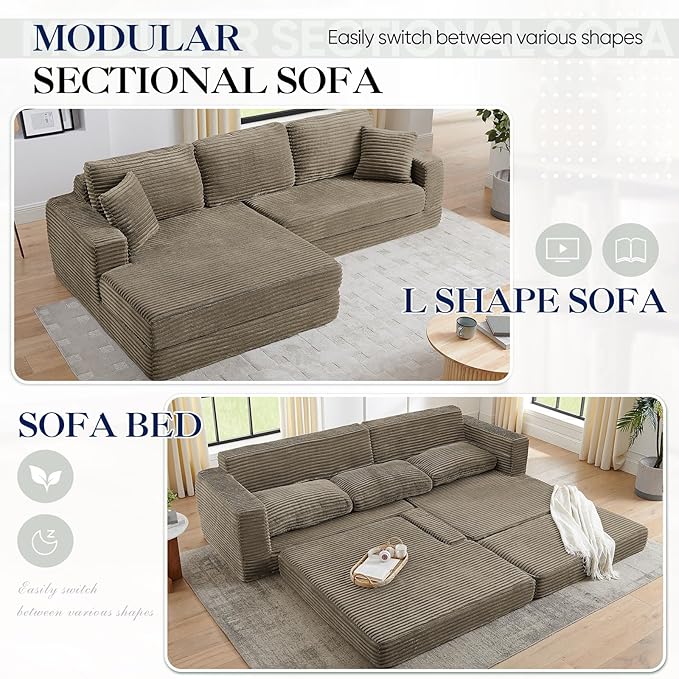 112.6” Modular Sectional Sofa Oversized Cloud L Shaped Couch Comfy Upholstered Corduroy Compressed Sofa with Left Facing Chaise and Wide Arms Fluffy Boneless Sofa Bed for Living Room Office Brown