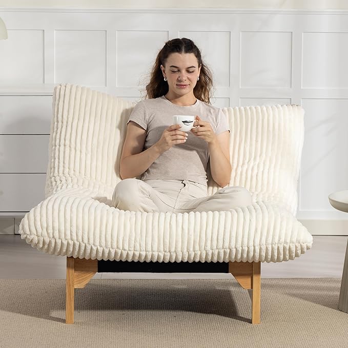 KEIKI Large Bean Bag Chair Adults Kids Comfy Corduroy Small Couch with Wood Frame Big Accent Beanbag Lounge Chairs Indoor Lazy Cozy Floor Sofa Couches for Living Room Reading Easy Assembly Beige