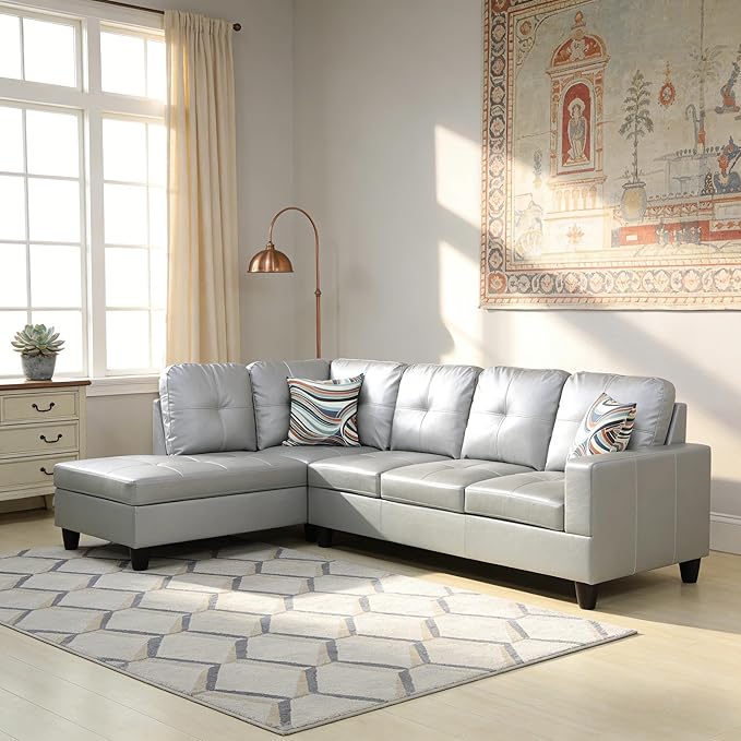 103.5 Inch Modern L-Shaped Couch PU Leather Sectional Sofa with Chaise Lounge 4-Seater Couch with Accent Pillows for Living Room Apartment Silver