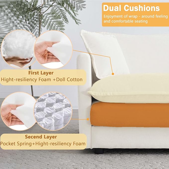 111.5 Sofa Modular Sectional Cloud Couch 3-Seat Chenille Deep Seat Sofa with Pillow for Living Room Bedroom and Apartment Beige