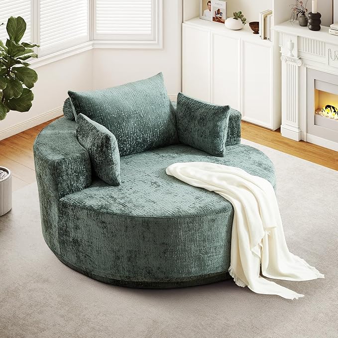 55 W Oversized Round Swivel Accent Barrel Chair360 Degree Chenille Upholstered Comfy Chaise Lounge Chair IndoorModern Deep Seat Single Sofa Armchair for Living RoomBedroomOffice(Green)