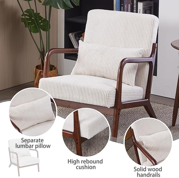 Mid Century Modern Accent Chair Upholstered Corduroy Armchair with Lumbar Pillow Solid Rubberwood Frame for Living Room Bedroom Waiting Room White