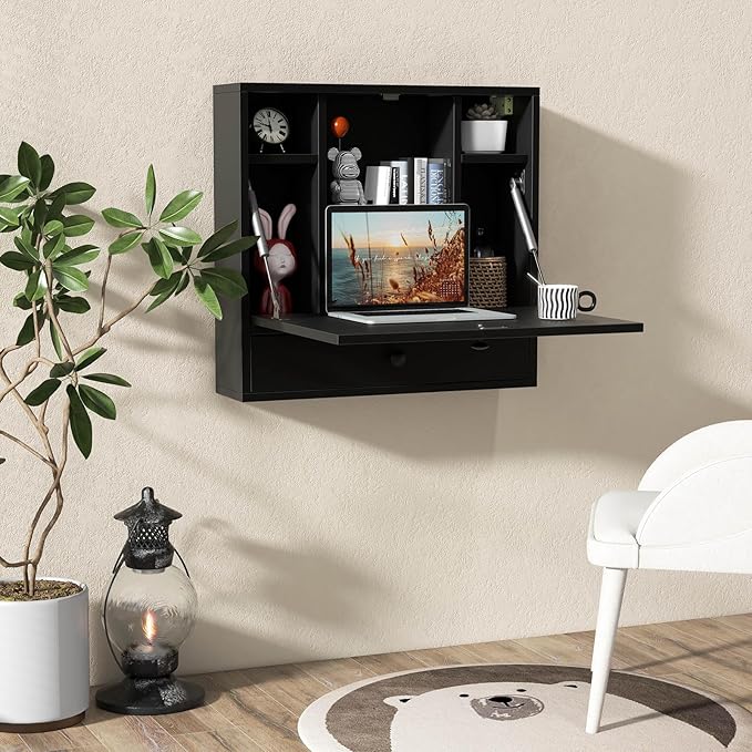 Tangkula Wall Mounted Desk Folding Floating Wall Mount Laptop Desk Space Saving Wall Mounted Table with Storage Drawer &amp Shelves (Black)