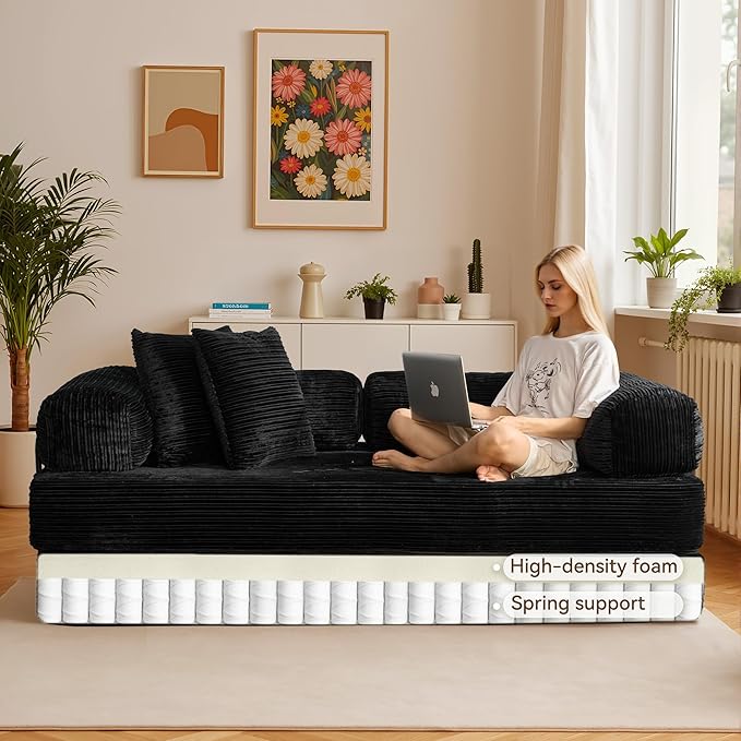 4-in-1 Folding Sofa Bed 78 Oversized Corduroy Sleeper Chair Convertible Loveseat to Floor Bed with Storage Pockets Boneless Design for Living Room Bedroom &amp Small Spaces