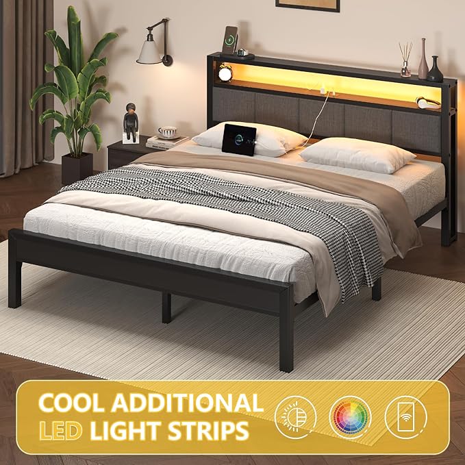 Full Size Bed Frame with LED Lights and Charging Station Wood Storage Headboard with 2-Tier Shelves Heavy Duty Metal Slats No Box Spring Need Noise Free Easy Assembly Light Grey