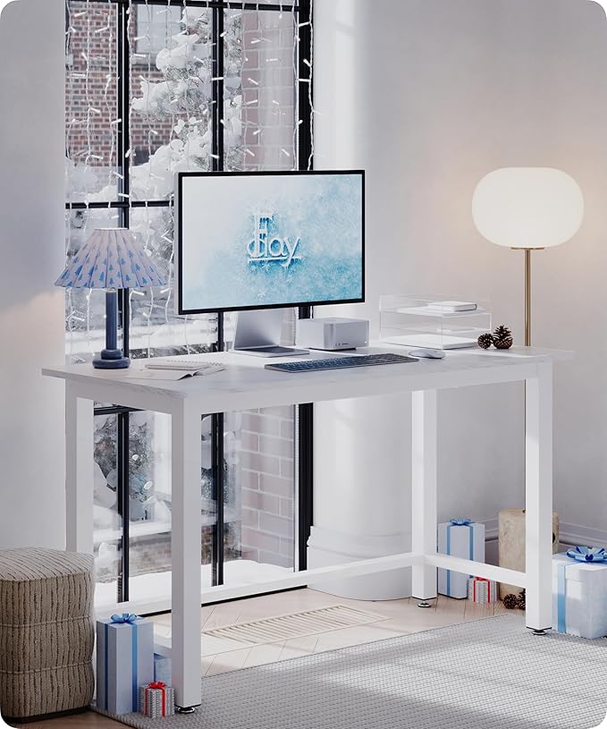 51 Home Office Desk Modern Computer Desk 51.2x23.6x29.5 inches PC Table with Thicken Frame Industrial Style Sturdy Metal Frame Furniture for Writing Gaming Marble White+White