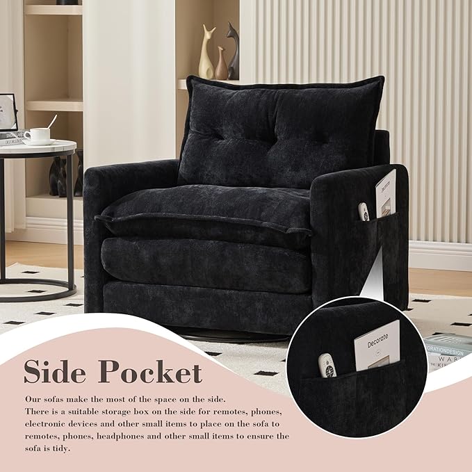 Swivel Accent Chairs for Living Room 36.2 Comfy Swivel Chair with Solid Metal Base Single Sofa with Pillows &amp Side Pockets (Black)