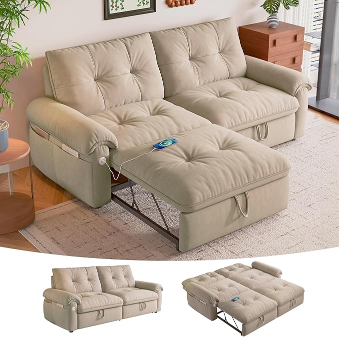 Sleeper Sofa Bed Queen Size Sofa Bed Convertible Pull Out Couch with Adjustable Backrest USB Port and Side Pockets Modern 2 Seater Small Couches for Living Room Space-Saving