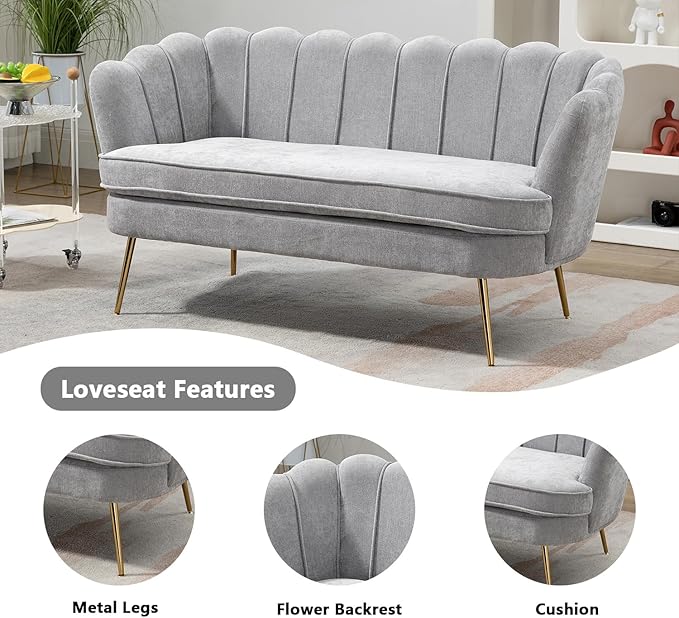 Anwick 59 Small Modern Chenille Loveseat Sofa 2-Seater Sofa with Gold Metal Legs Small Couch with Flower Shaped Back for Living Room Bedroom Office (Light Gray)