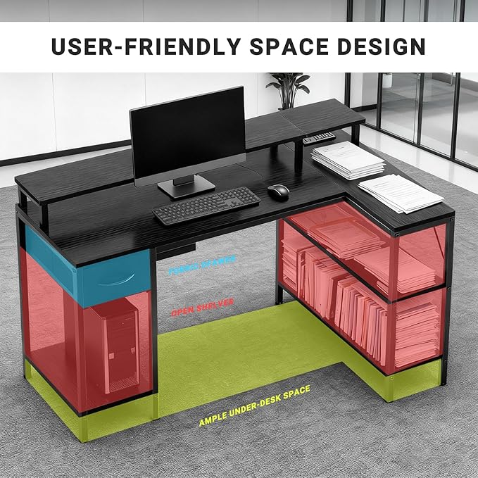 Simple Deluxe 47-inch L-Shaped Gaming Desk with LED Lights &amp Power Outlets Reversible Corner Computer Desk with Monitor Riser Drawer &amp Shelves for Home Office Black