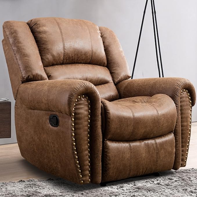 INZOY Leather Recliner Chair Heavy Duty Manual Reclining Sofa Single Lounge Sofa for Living Room Home Theater Seating Light Brown
