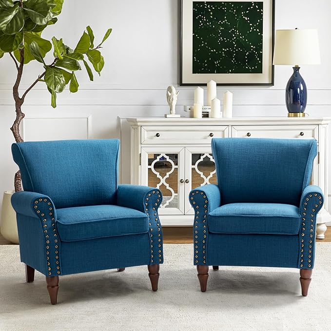 HULALA HOME Accent Chair with Wood Legs &amp Removable Cushion Modern Wingback Armchair with Nailhead Trim Comfy Upholstered Lounge Chair Single Sofa Chairs for Living Room Bedroom Set of 2 Navy