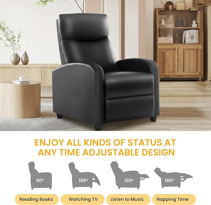 HealSmart Push-Back Massage Reclining Chair Adjustable PU Leather Lounge Seat Comfortable Single Seater for Living Room Bedroom &amp Home Theater Black