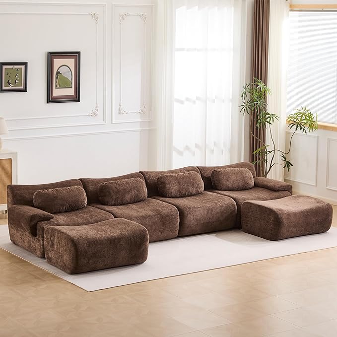 148.2 Boneless Couches for Living Room Set Cloud Modular Sectional Sofa in a Box Memory Foam Modern Couch Big Comfy Compressed Sofas U Shaped Couch with Ottoman Bedroom Apartment Chocolate