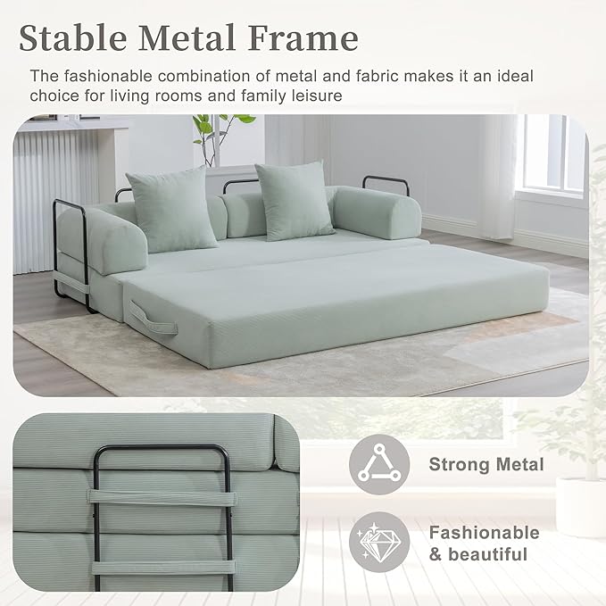 4‑in‑1 Convertible Sleeper Sofa Bed DIY Combination Floor Sofa Lounge Couch with Cylindrical Pillow Corduroy Futon Folding Mattress Couch for Apartment Bedroom Playroom Mint Blue