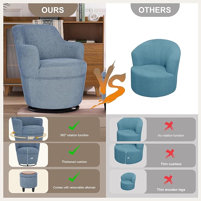 LOULENS Swivel Accent Chair and Ottoman Set Linen Fabric Upholstered Modern Barrel Chair with Ottoman Comfy Single Sofa Armchair with Footrest for Living Room Bedroom Reading Blue
