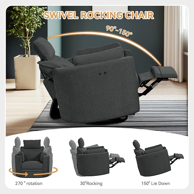 Power Swivel Rocker Recliner Glider Nursery Chair for Adults Modern Leisure Sofa Chair with 2 Pillows for Small Spaces Bedroom Living Room Beige (Dark Grey)