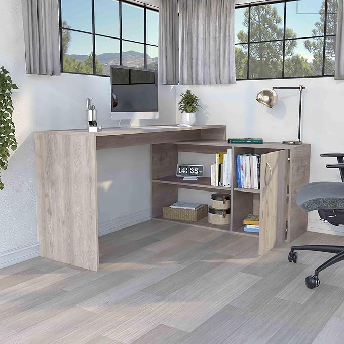 Penau L-Shaped Computer Desk with Open &amp Closed Storage Light Gray Finish Spacious 59 Inch Surface Perfect for Home Office Sturdy Particle Board Construction