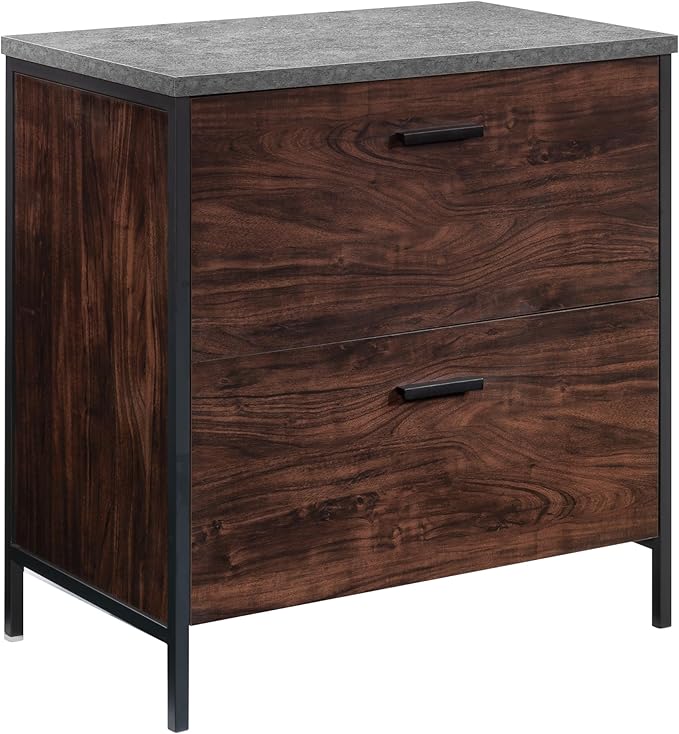 2 Drawer Small File Cabinet with Lock Under Desk Locking Storage Drawers Organizer for Home Office Engineered Wood Filing CabinetsDarkWalnut