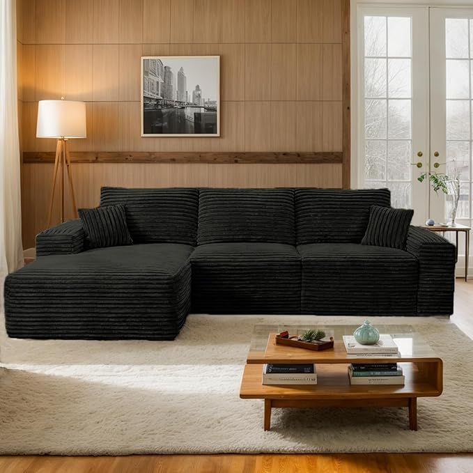 107 L-Shaped Modern Modular Sectional Sofa Oversized Corduroy Boneless Couches with Deep Seat Comfy Upholstered Cloud Couch for Living Room (Black 3S+Left Facing Chaise)