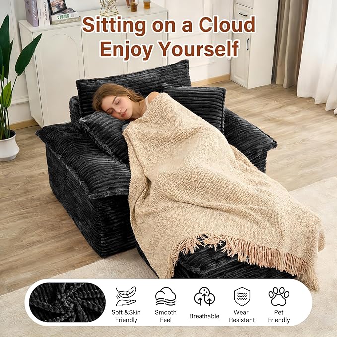 Boneless Sofa with Removable OttomanUpholstered Sofa Bed with PillowsPlush Faux Fur Lounge Reading Chairs with ArmrestsCloud Couches for Living RoomNo Assembly Required (Black Single seat) | No A