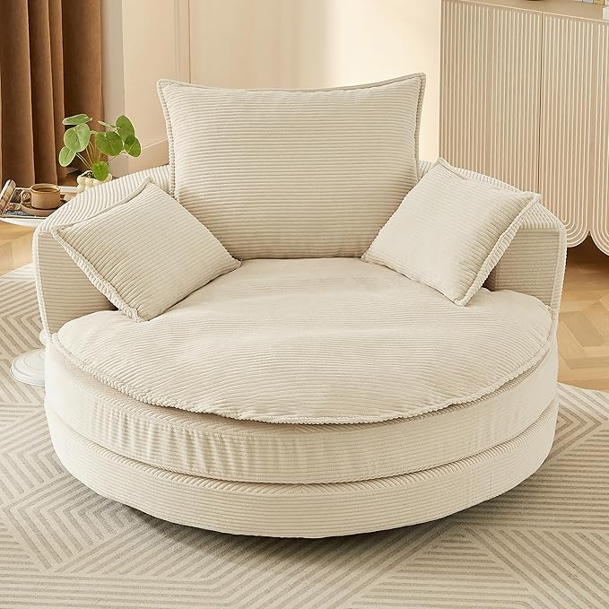 360° Swivel Sofa Chair Accent Barrel Chair 57.5 Swivel Round Chair with Dual-Layer Cushion Design and 3 Removable Pillows for Living Room Bedroom Office and Hotel (Beige)