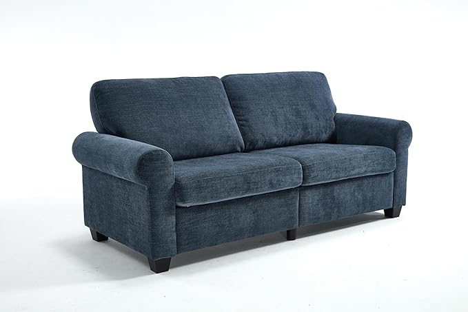 79 inch Modern Classic Upholstered Loveseat Sofa Blue Chenille Fabric Rolled Arms Plush Cushions Living Room Furniture