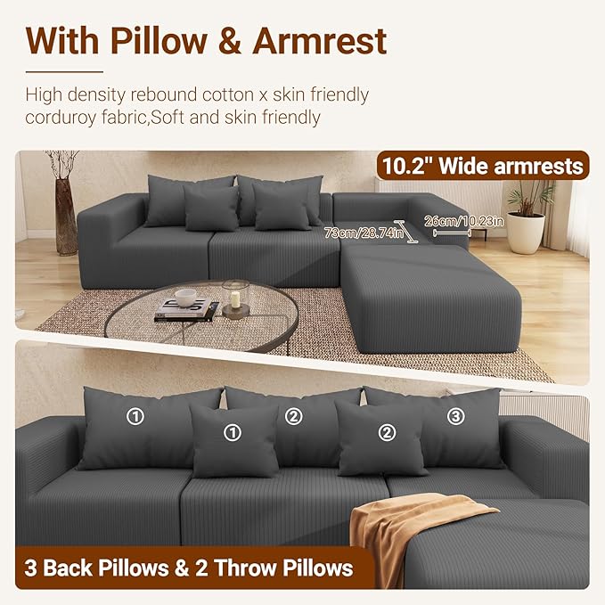 Cloud Modular Sectional Sofa for Living Room L Shaped Sectional Couch with Deep Seat 3-Seater Boneless Couch with Ottoman in Soft Corduroy Fabric Gray