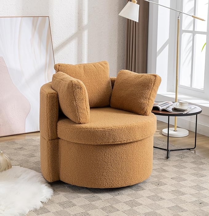 FOXHUNTER Swivel Barrel Chair 360 Degree Oversized Swivel Accent Chair with 3 Pillows Swivel Storage Chair for Nursery Living Room Bedroom 31.5D X 33.9W X 33.86H Inch (Teddy Brown)