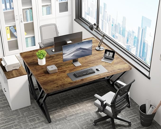 LVB Rustic Computer Desk Metal Wood Home Office Desk Industrial Simple Study Executive Desk for Writing Work Wooden Student Gaming Computer PC Table with Storage for Bedroom 55 Inch Rustic Brown