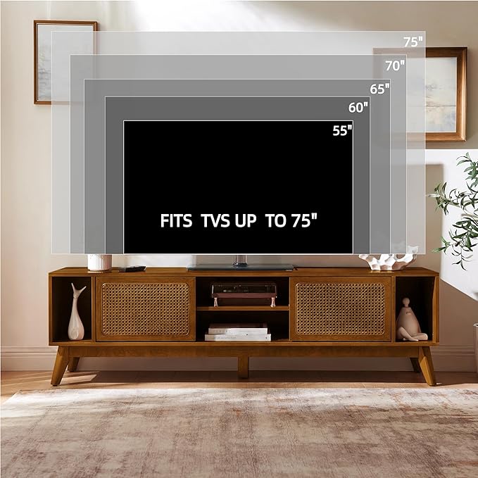 LKTART 68 Inch Mid Century Modern TV Stand with Rattan DoorsMCM Entertainment Center Media Console for 60/65/70/75 inch TVsLong Boho Television Stand for Living RoomLight Walnut