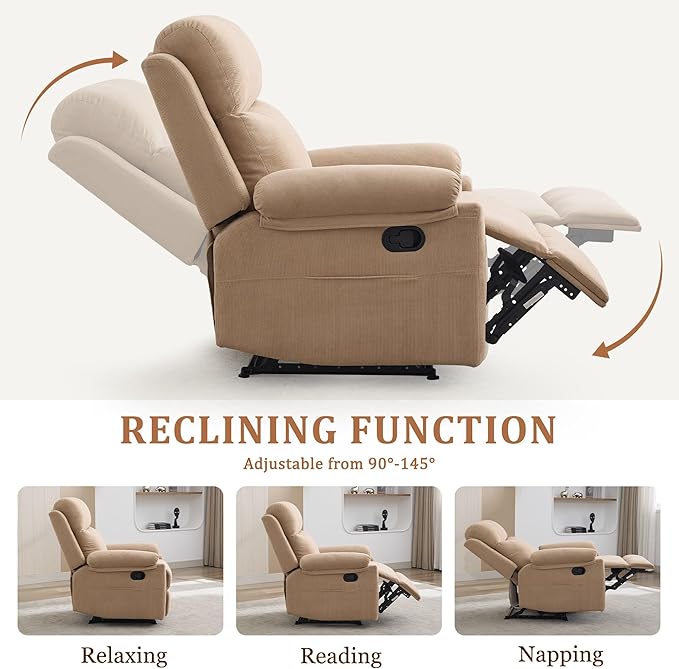Recliner Chairs Small Recliners for Small Spaces Manual Recliner for Adults with Side Pockets Adjustable Overstuffed Comfy Corduroy Reclining Chair for Living Room Bedroom Reading Khaki