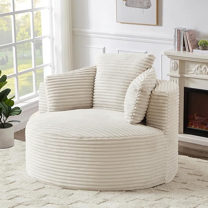 Round Chair Lounge Chaise Indoor 48.8 Oversized Sofa Chair Upholstered Corduroy Deep Seat Sleeper Sofa Bed No Assembly Required for Living Room Bedroom Apartment White
